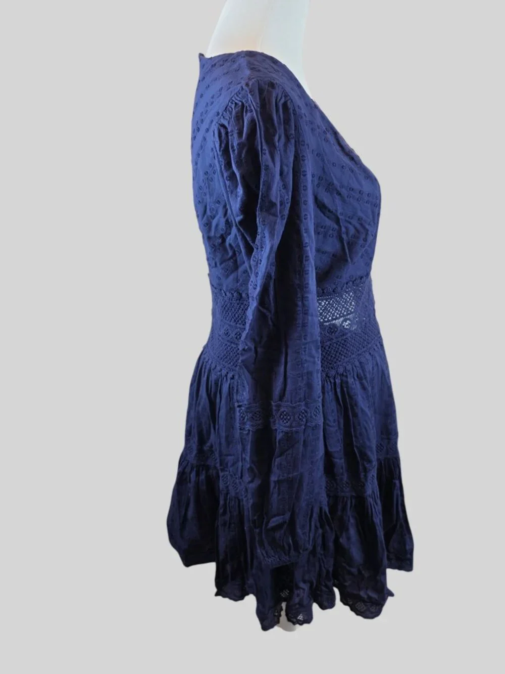Free People Blue Long Sleeve Mini Dress | Boho Swiss Dot Lace Cutout Dress Size